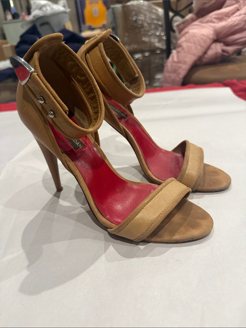 Charles Jourdan Tan Ankle-Strap High Heel Sandals with Red Insole